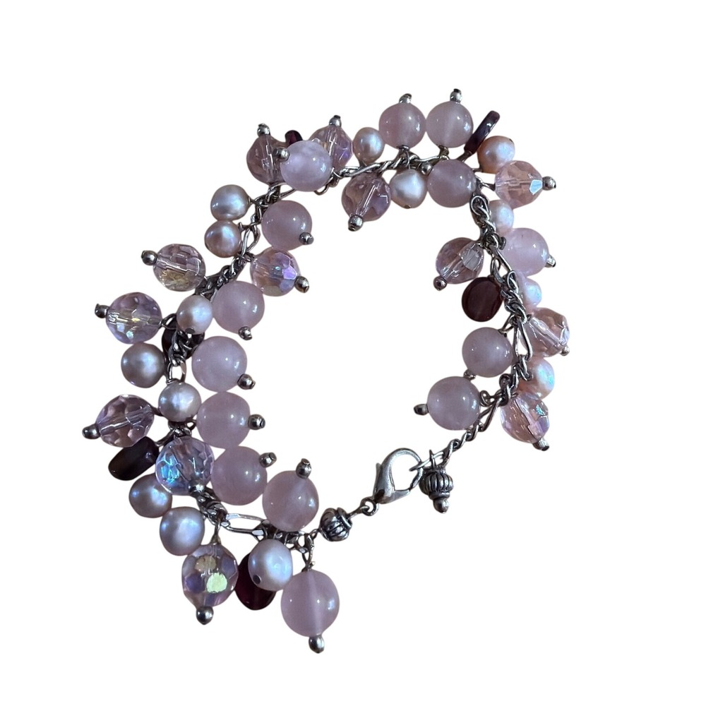 Pink Quartz Freshwater Pearl Cluster Charm Bracelet Silver Tone Boho Chic